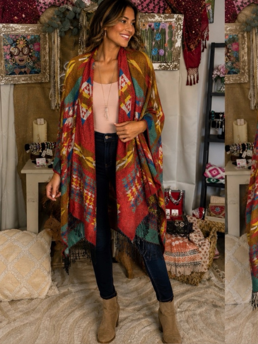Boho Aztec Fringe Ruana - Multicolor